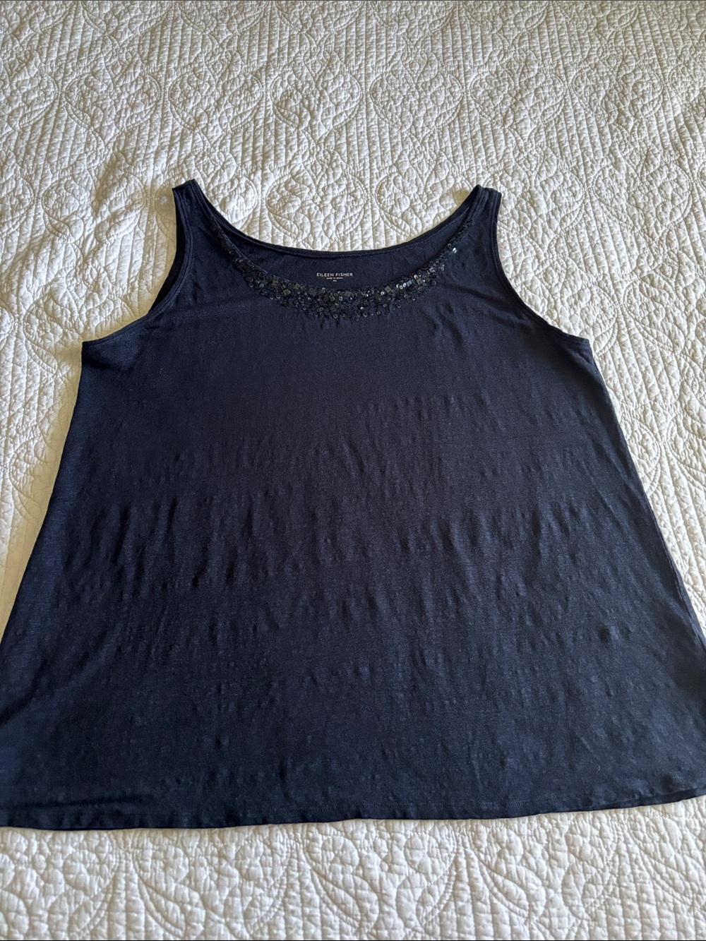 Eileen Fisher Navy Linen Embellished Scoop Neck Tank Top Sequins Size XL - Picture 9 of 11